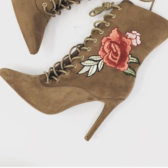 Shoes - NWOT heeled booties rose embroidered lace up 5